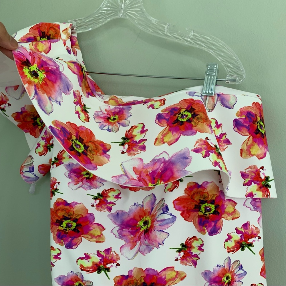 NWT CHIARA BONI Elisse Ruffled One Shoulder Floral Midi Dress Orange Cocktail 10 - Picture 4 of 12